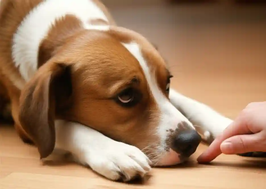 隻大型犬用鼻子不斷地輕推一位坐在椅子上的人的手,並發出輕微的嗚咽聲,眼神充滿渴望地望著對方,暗示著它正在尋求關注和情感上的需求。