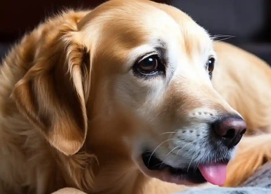 一隻年長的黃金獵犬，安靜地趴在柔軟的狗床上，牠的毛色有些斑白，眼神溫和而沉靜，嘴巴微微張開，粉嫩的舌頭只是稍微露出一點點，偶爾會緩慢地舔一下鼻子，顯得十分安詳。