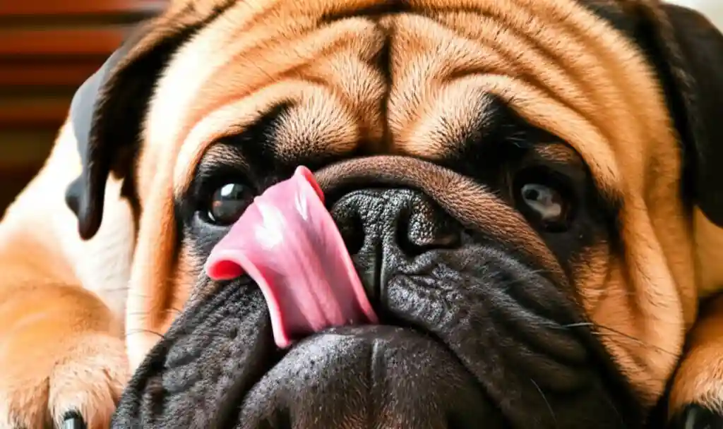 一隻憨厚的法國鬥牛犬，圓滾滾的大眼睛好奇地盯著鏡頭，牠的臉上有些許皺褶，嘴巴微微張開，粗短的舌頭伸出來，慢慢地舔了一下嘴唇，似乎在思考什麼。