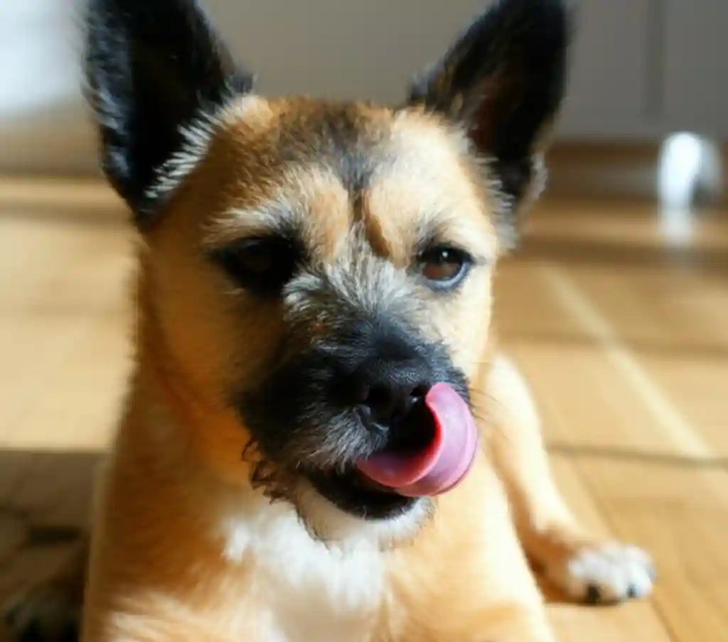 一隻毛茸茸的米克斯狗狗，舒服地躺在陽光灑落的木質地板上，牠的眼睛半閉著，嘴角微微向上揚起，粉嫩的舌頭輕輕地伸出來，舔了一下鼻子，看起來非常放鬆和享受。