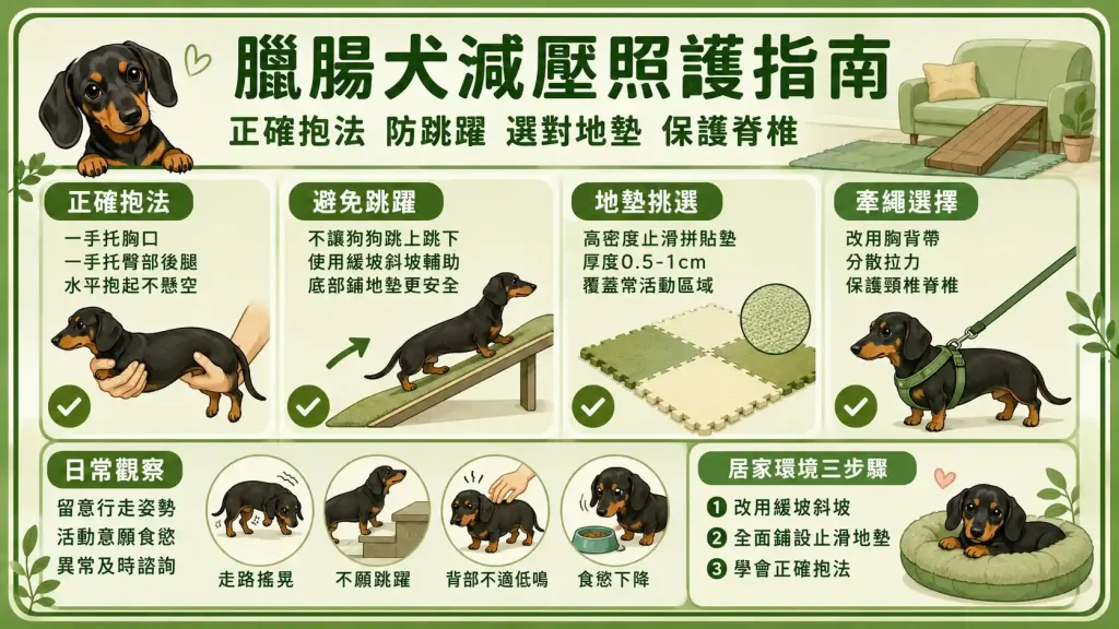 抱狗狗別再托腋下!臘腸犬減壓抱法、地墊挑選與階梯避坑指南